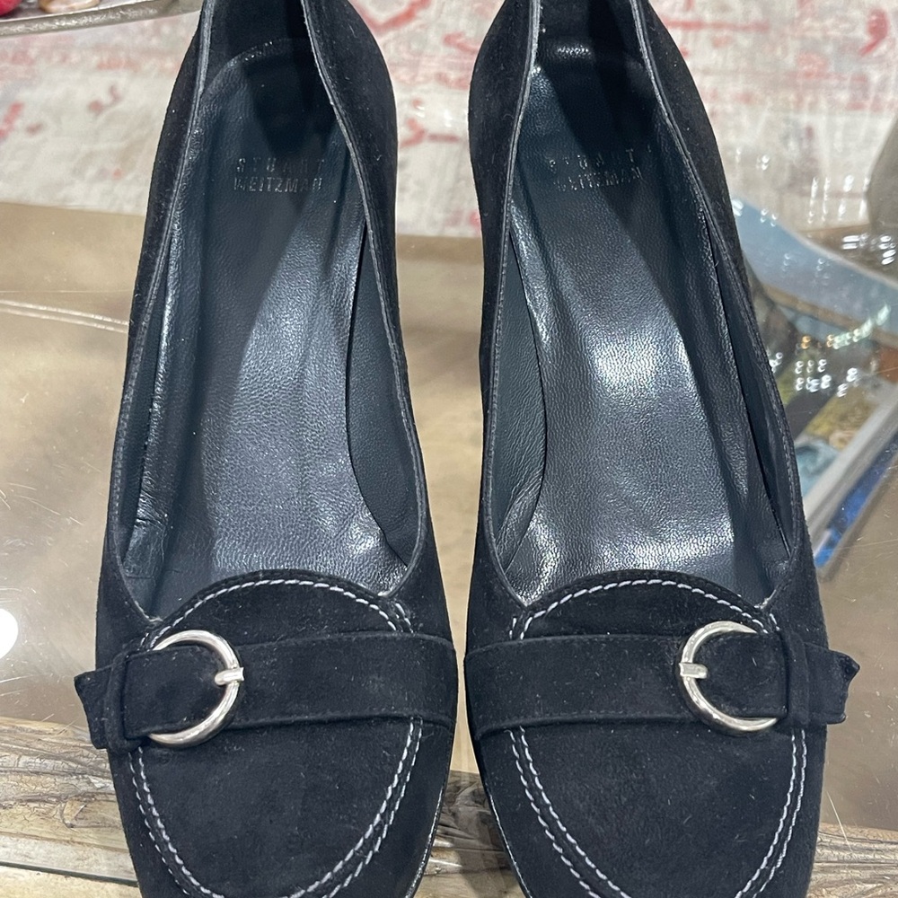 Stuart Weitzman Black Suede Loafers with Silver Buckle